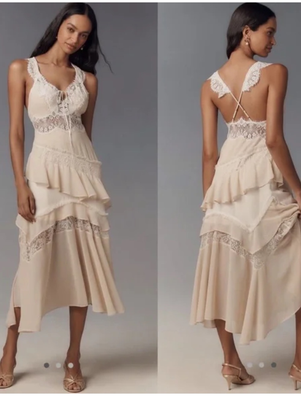 Anthropologie Cream Lace-Trim Tiered Midi Dress